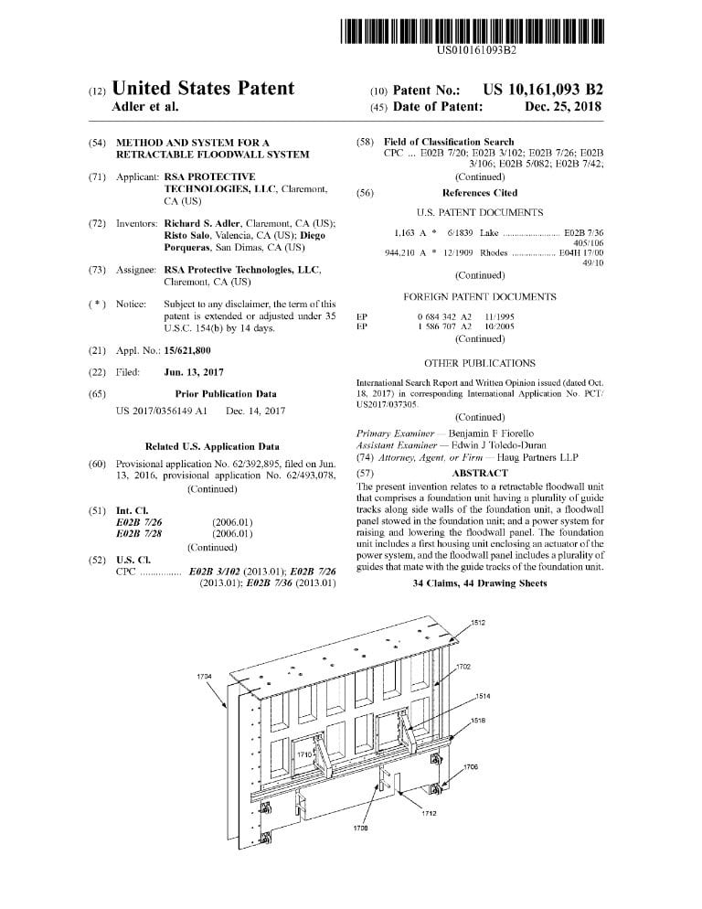 US Patent - Movable Barrier Flood Wall System US - 10,161,093 B2
