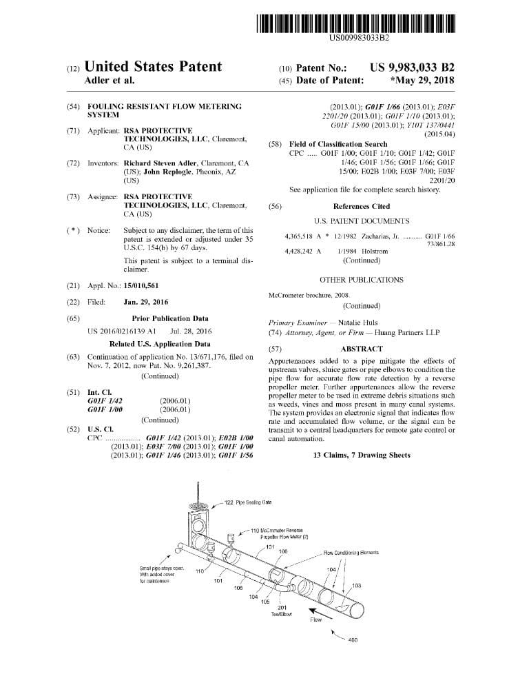 RSA Patent for Metering Pipe US9983033 cover